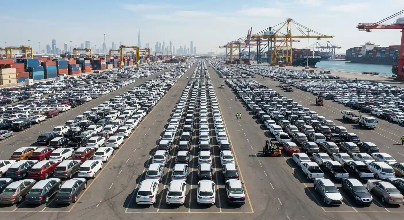 cars lined up for export at automobile trading facility in Dubai