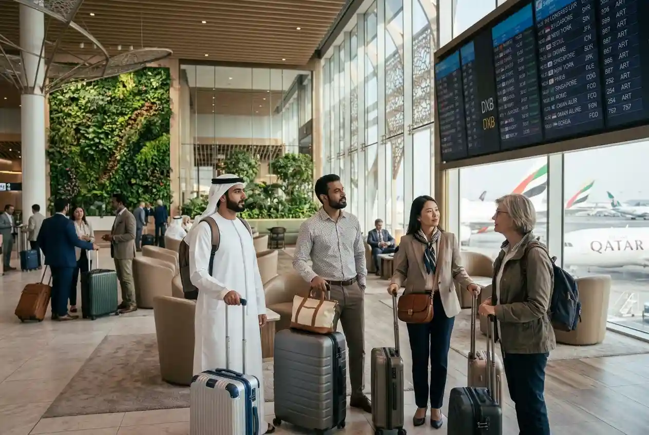 Travelers checking flight information at a UAE international airport