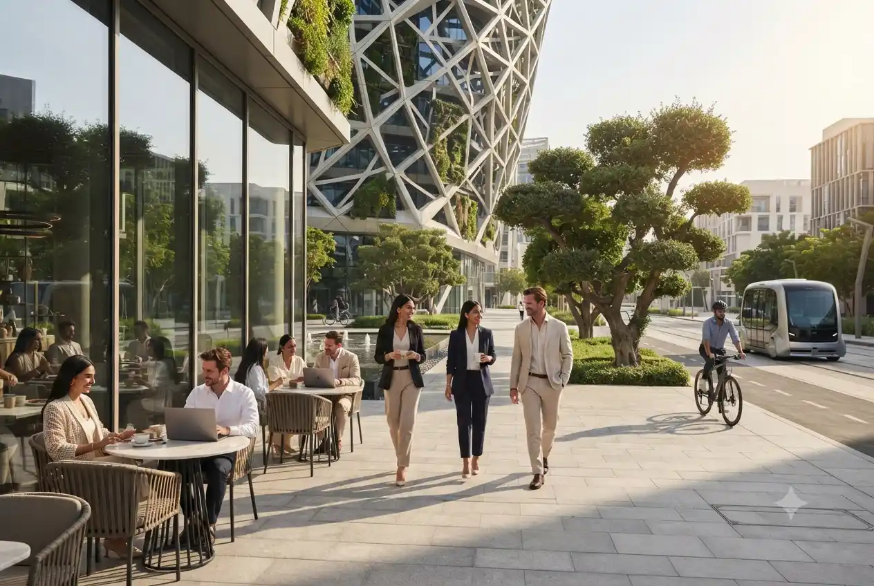 People enjoying a modern urban lifestyle with wellness, work, and recreation in a contemporary city