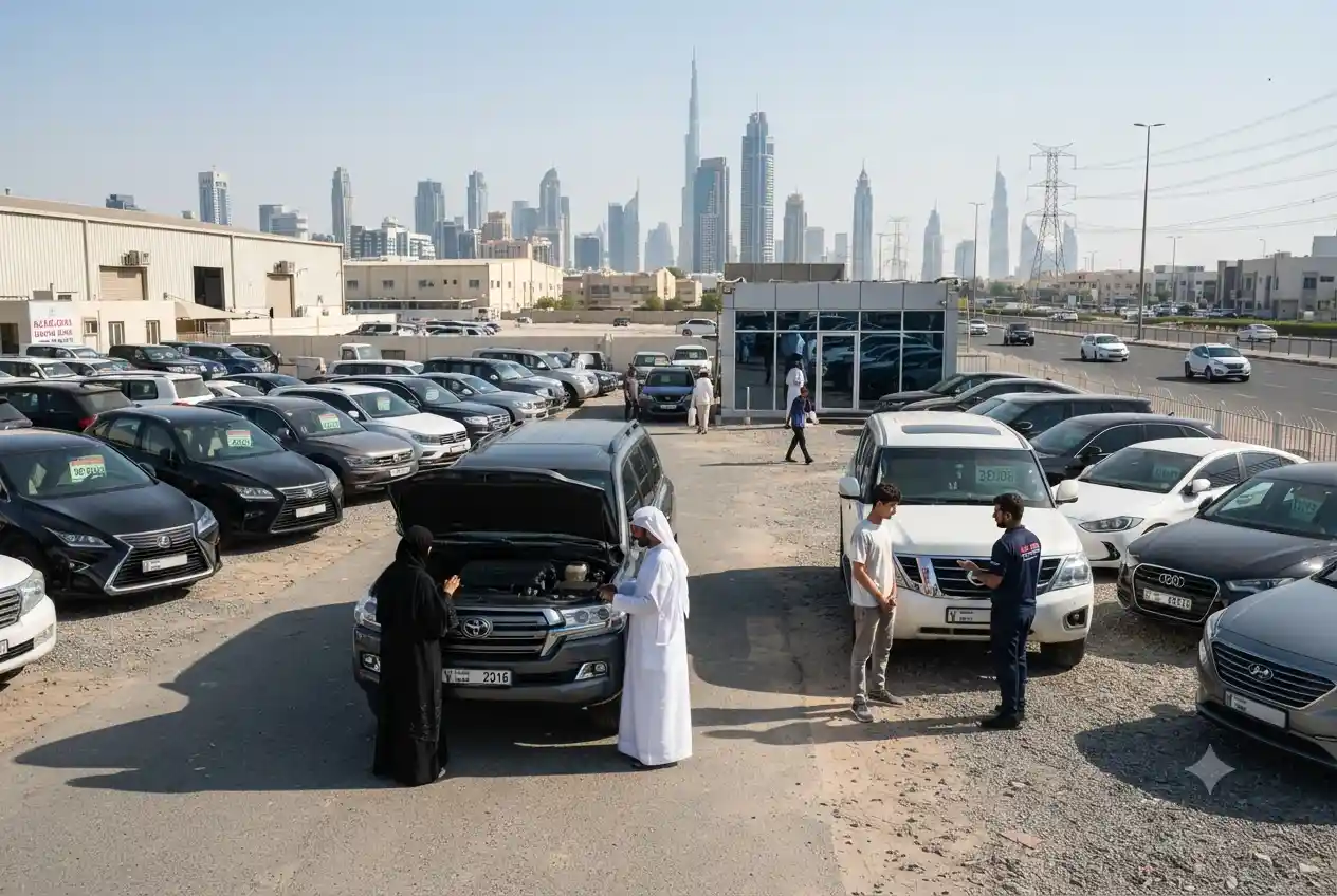 Used car dealership in UAE with multiple vehicles and customers