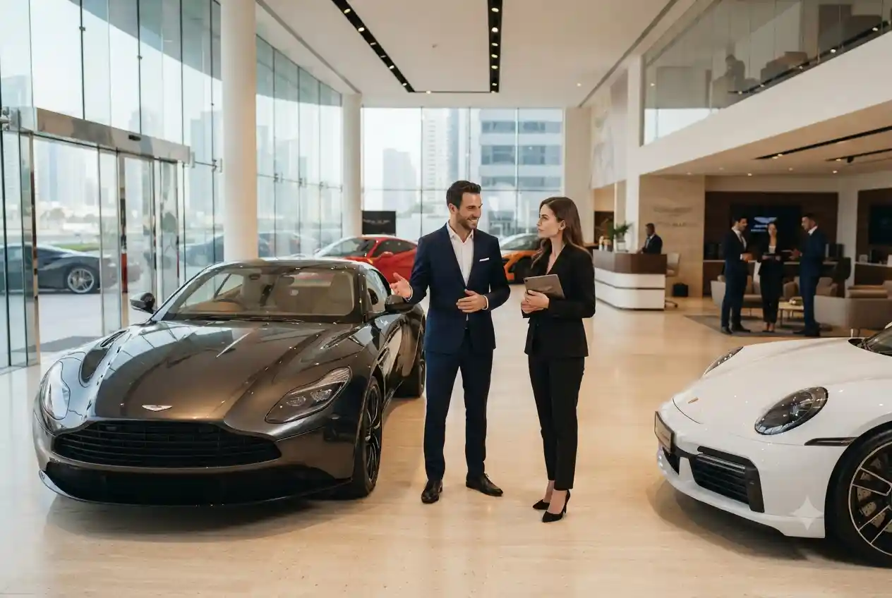 Professionals working in a UAE automobile showroom with luxury cars