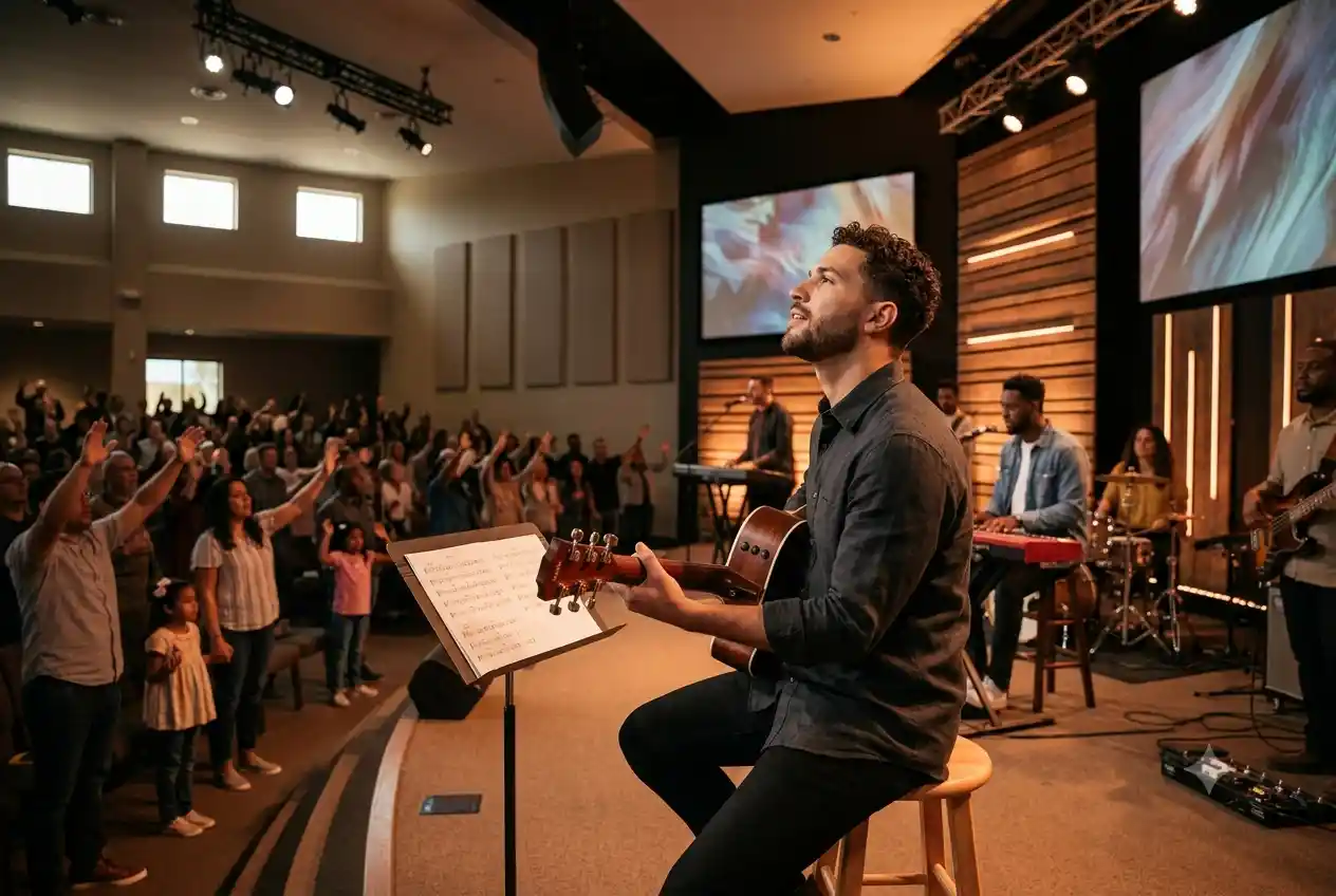 Musician practicing worship music with guitar and chord resources