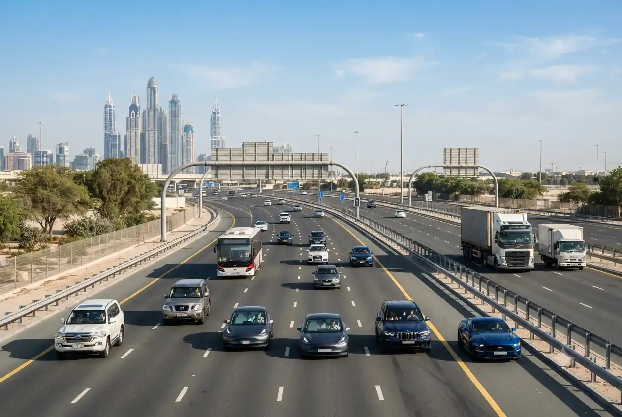 different types of automobiles on UAE highway including cars and buses
