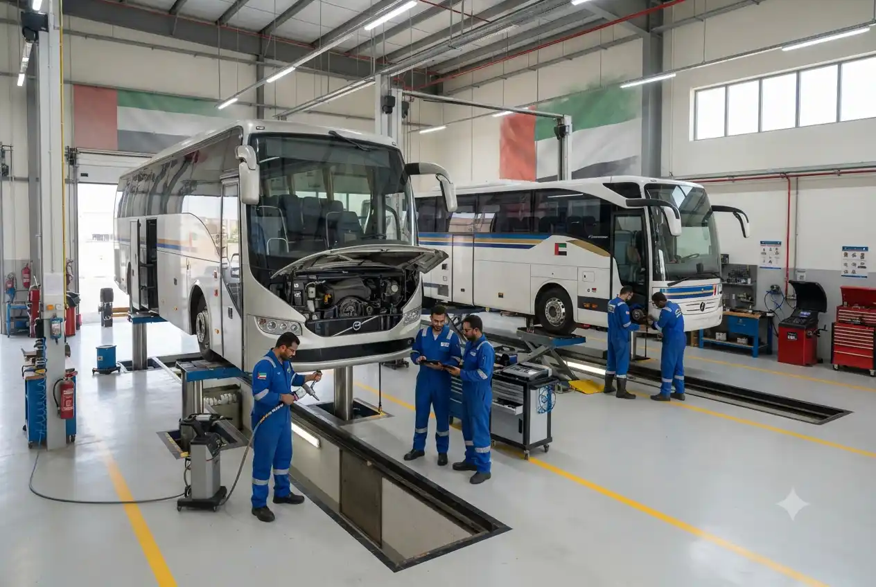 technicians servicing commercial buses in UAE workshop