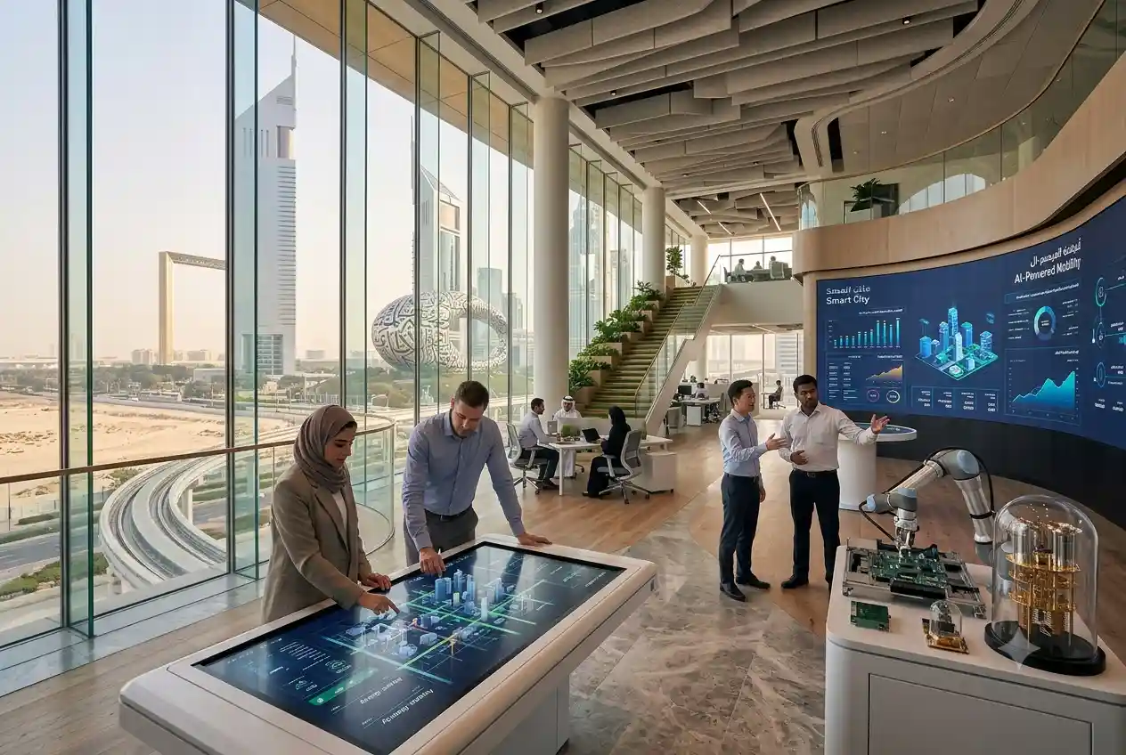 Technology professionals collaborating in a modern innovation and research environment in the UAE