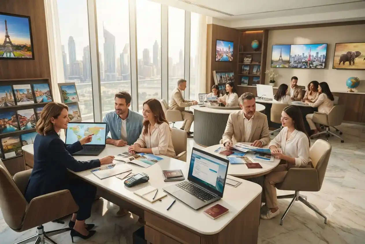 Modern UAE travel agency office helping customers with flights and holiday planning