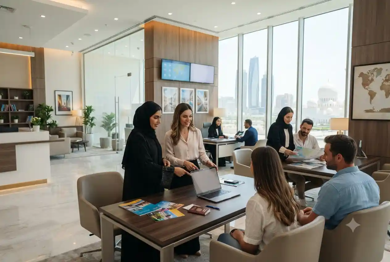 Professional travel agency office in Abu Dhabi assisting customers with flight and holiday bookings
