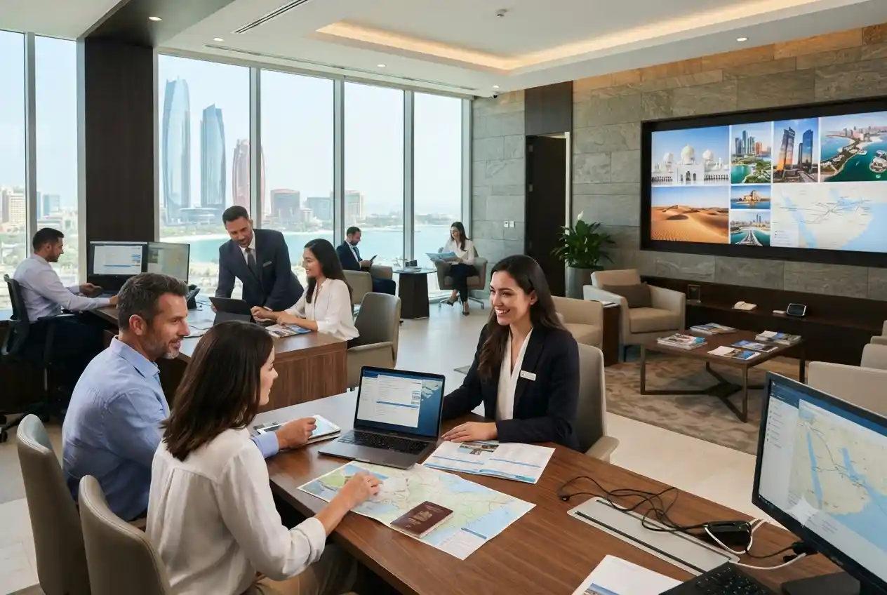 Professional travel consultants assisting customers inside a modern UAE travel office