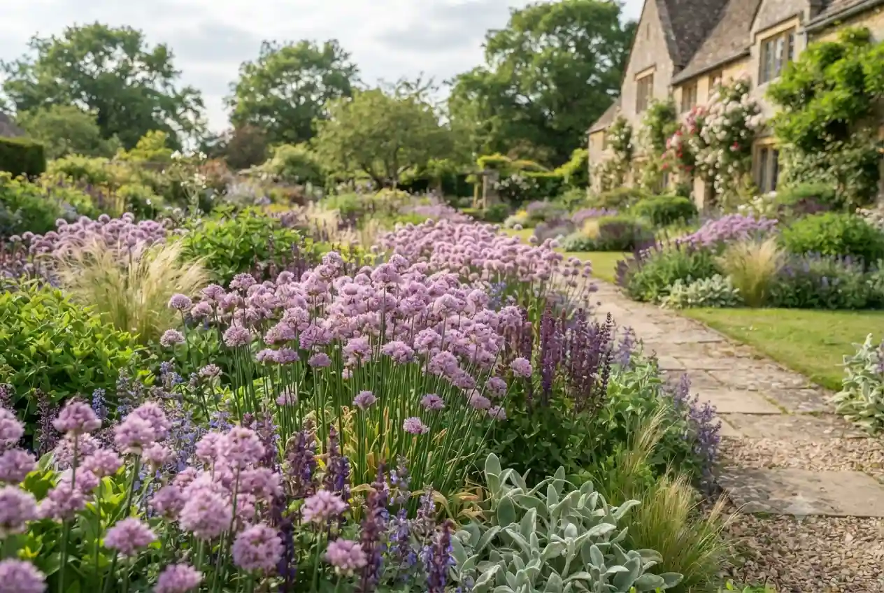 Allium Summer Beauty producing lavender-pink flower clusters in a landscaped garden