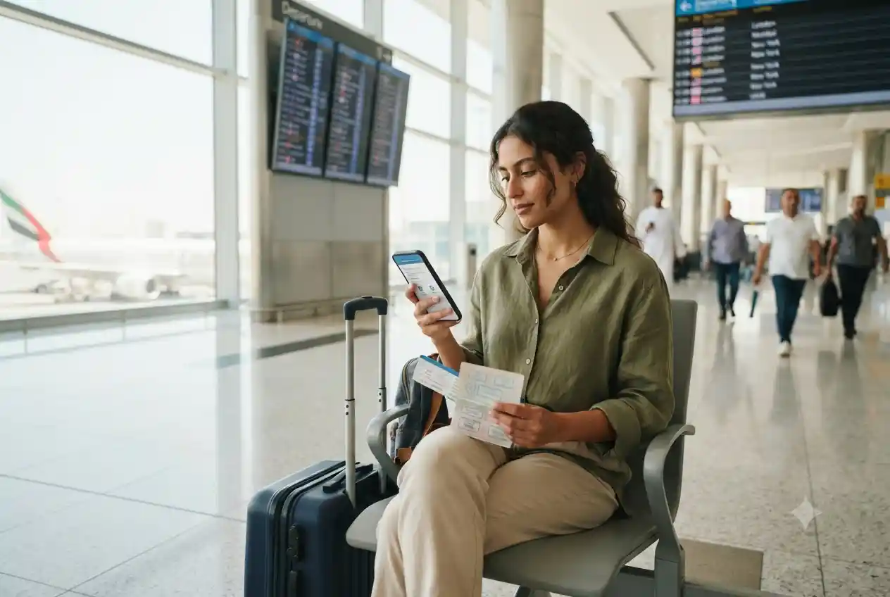 Traveler reviewing travel insurance documents before an international flight from the UAE
