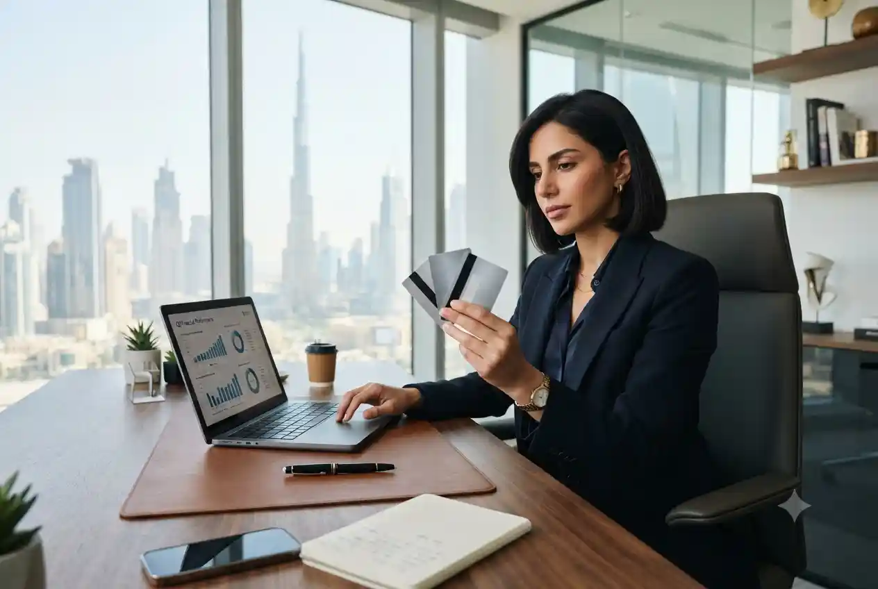 Entrepreneur comparing business credit cards in a professional office
