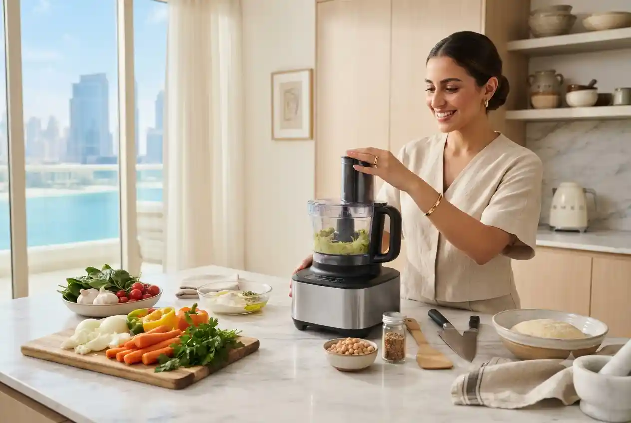 Modern food processor preparing fresh vegetables on a clean kitchen countertop.
