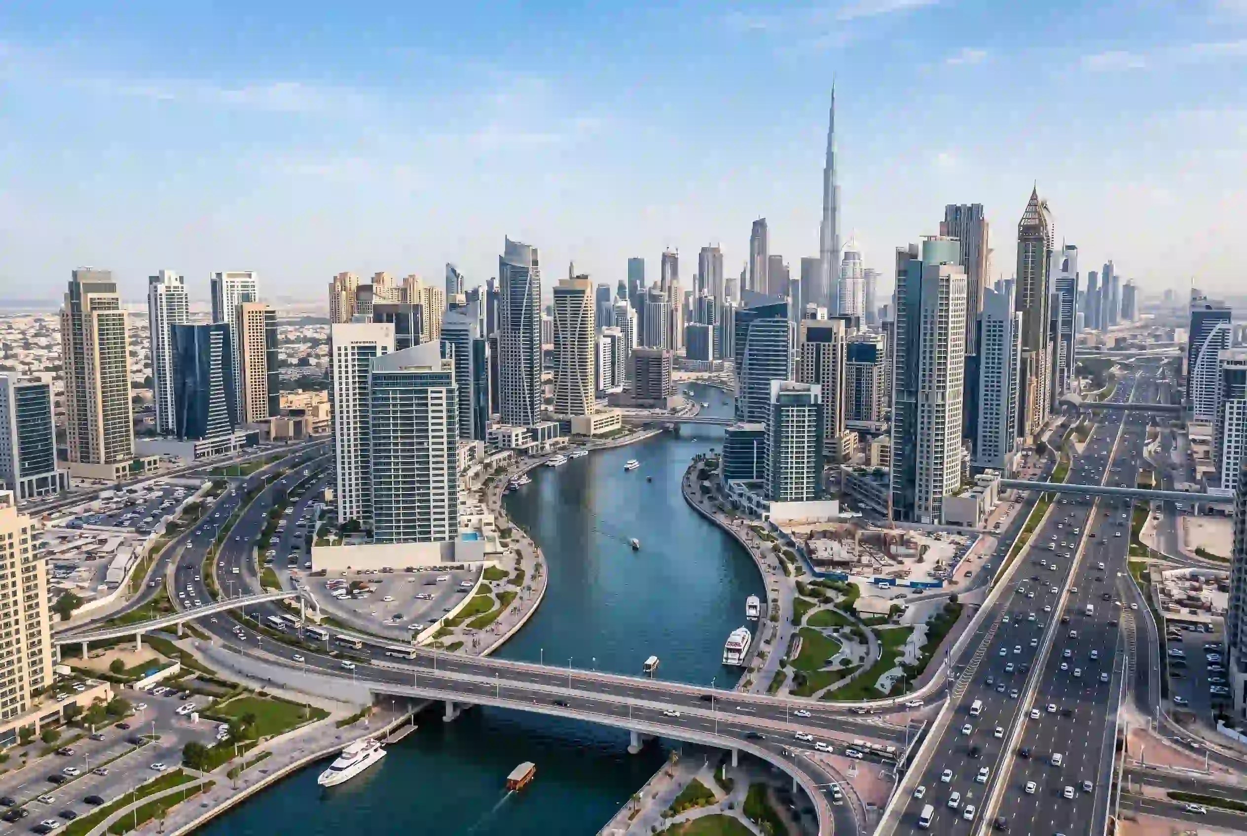 aerial view of Business Bay Dubai skyline and canal