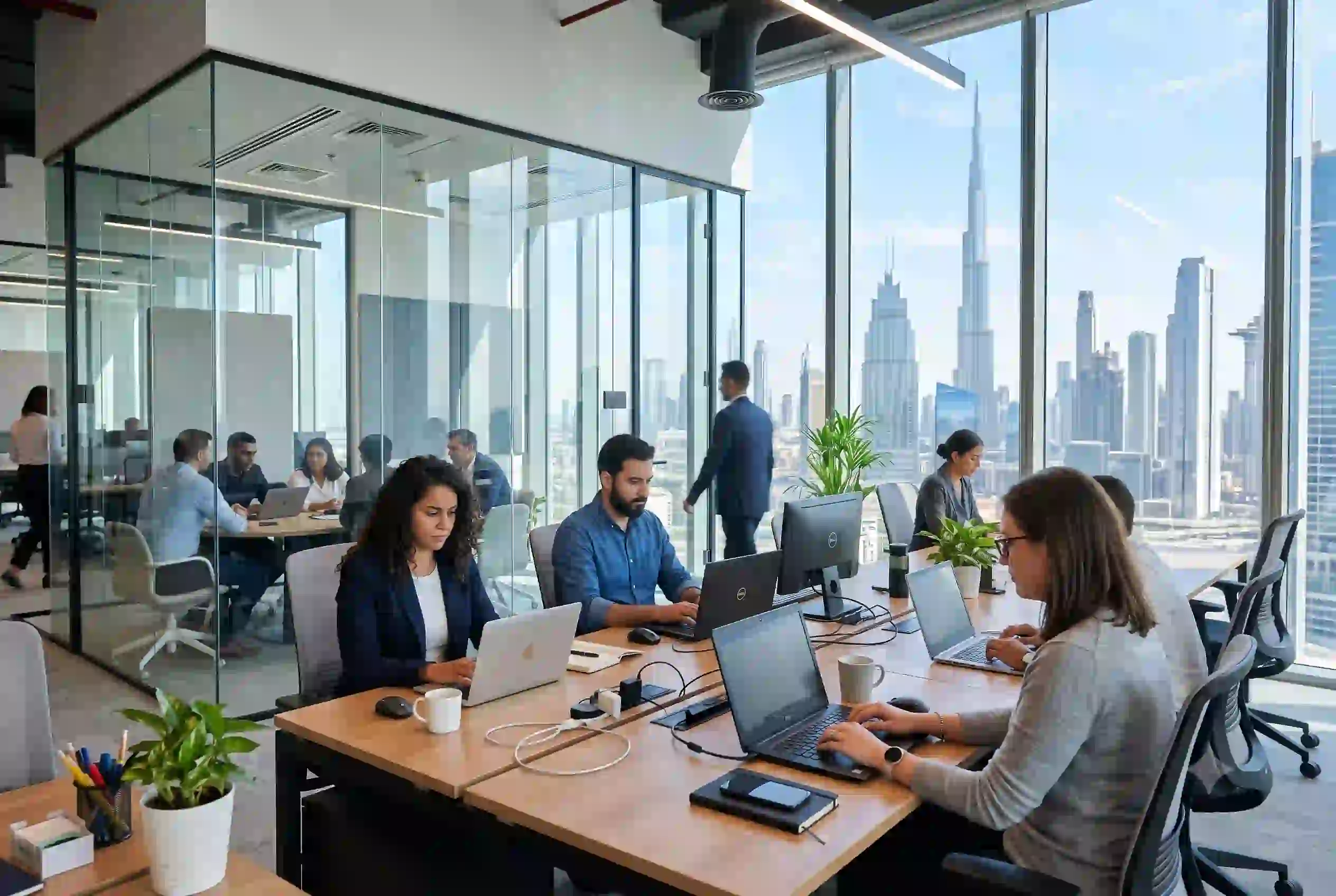 professionals working in a modern Business Bay Dubai office