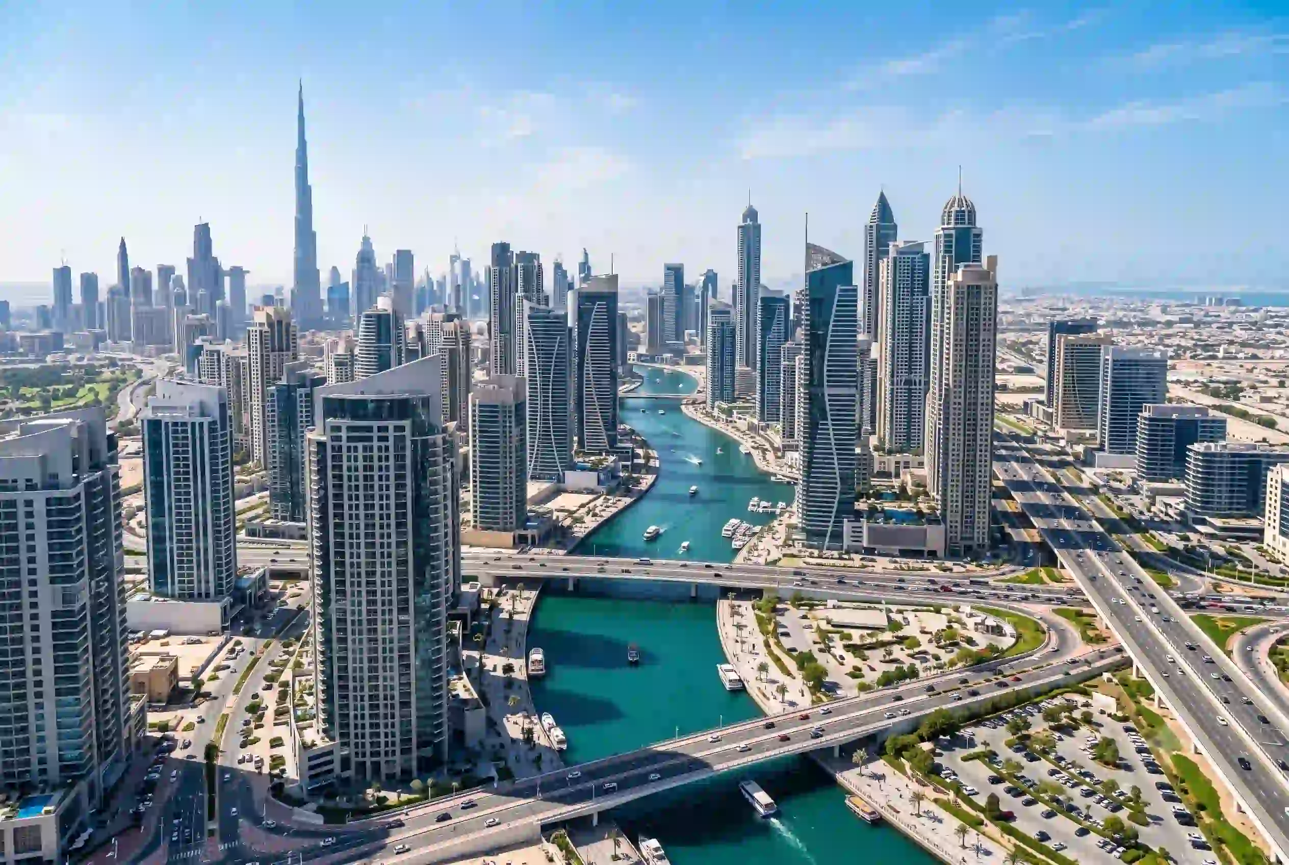 skyline view of Business Bay Dubai with canal and skyscrapers