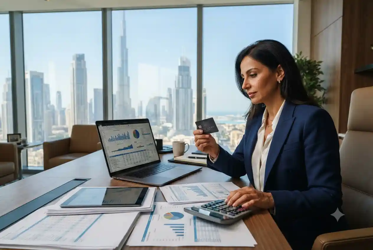 Business owner using a business credit card in a modern Dubai office