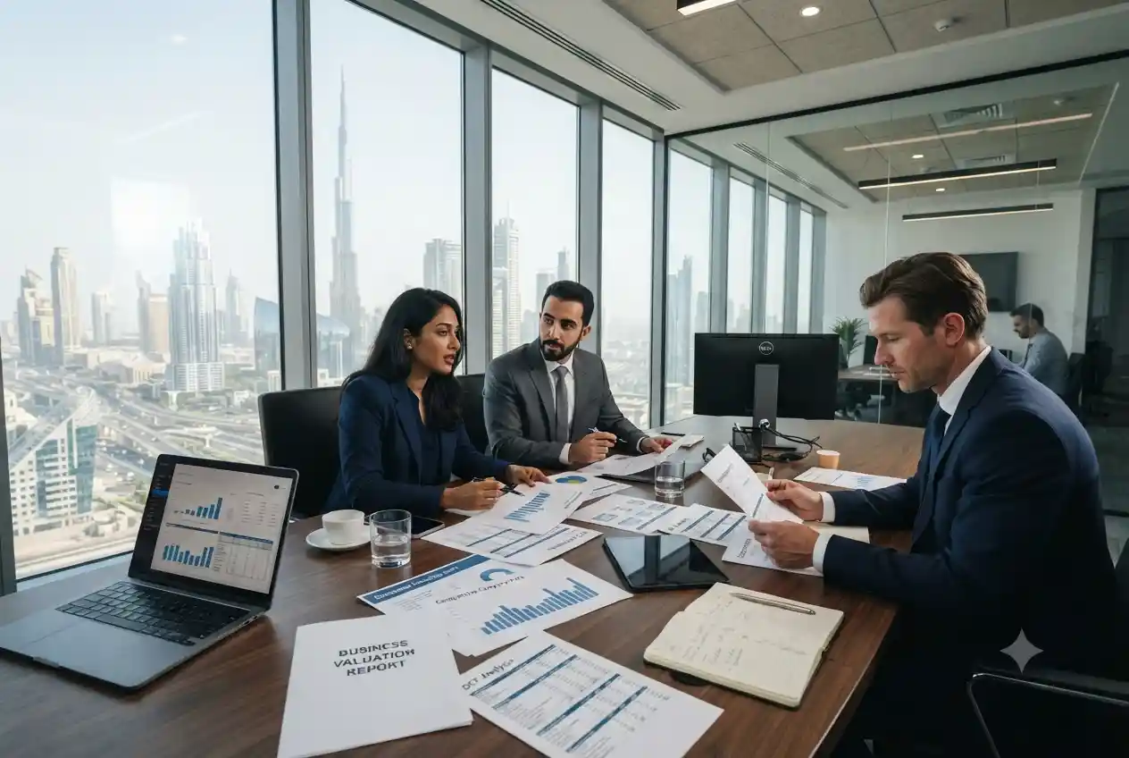 Financial consultants conducting a business valuation meeting in Dubai