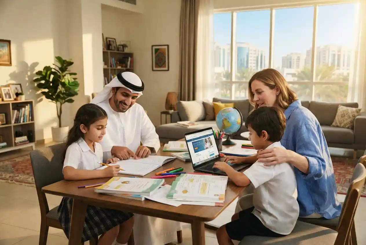 Parents helping their child with education planning at home in the UAE