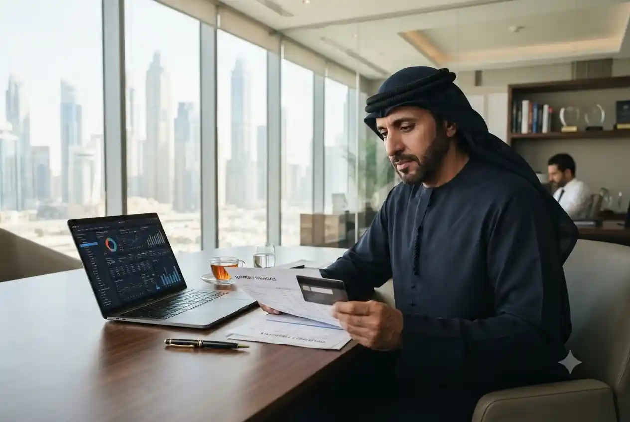 Business owner using a corporate credit card in a modern office