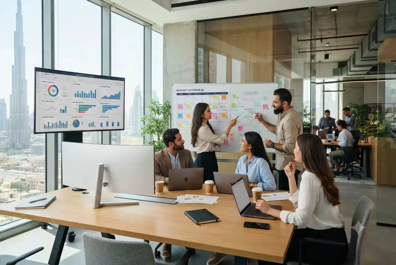 Marketing professionals planning a digital content marketing strategy in a modern office