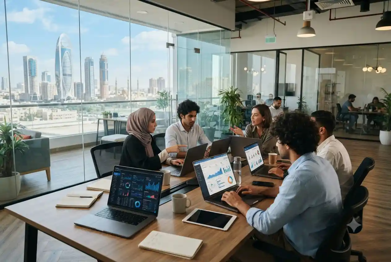 Professional digital marketing agency team working in a modern office in Sharjah UAE