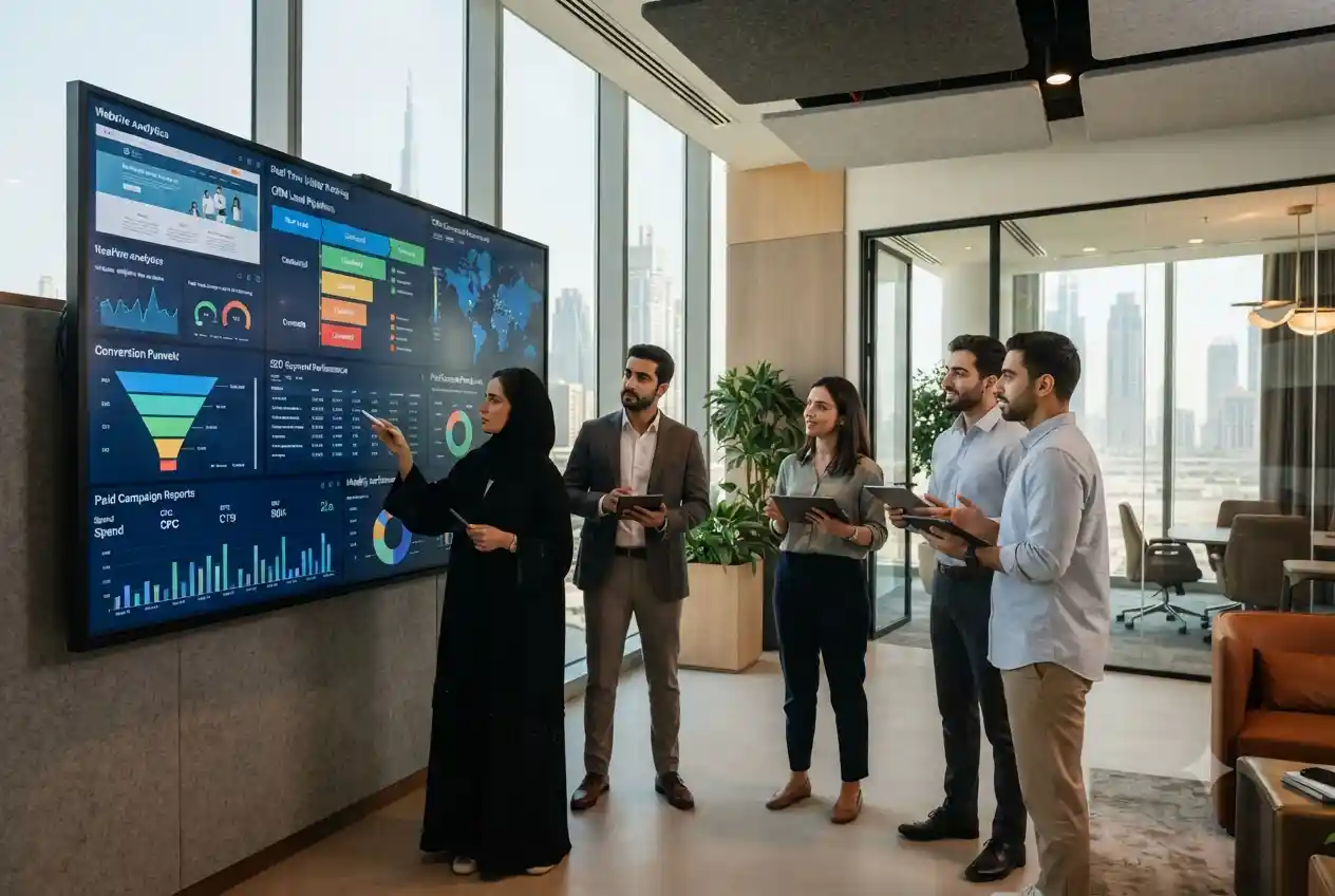 Business professionals reviewing digital marketing and lead generation analytics in a modern office