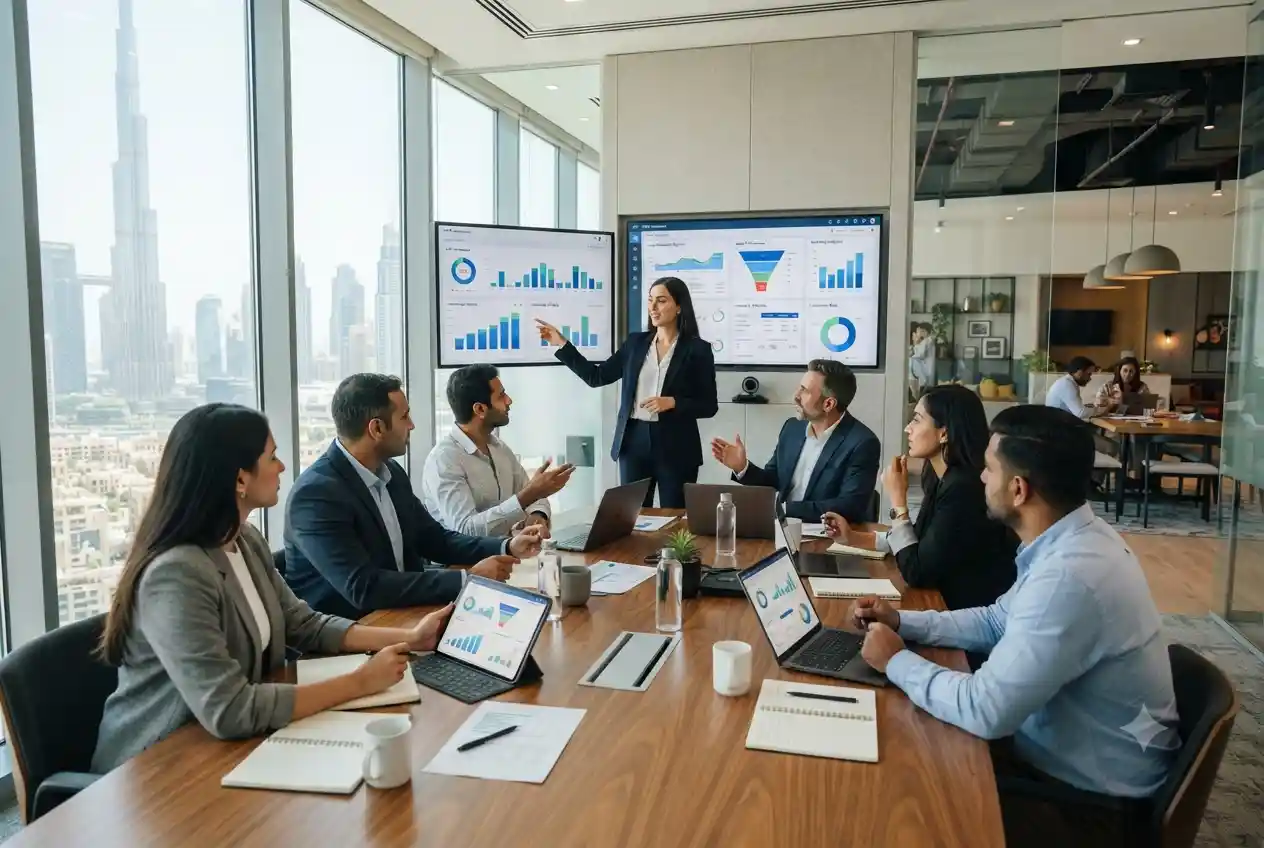 Marketing and sales teams collaborating on customer acquisition strategies in a modern office