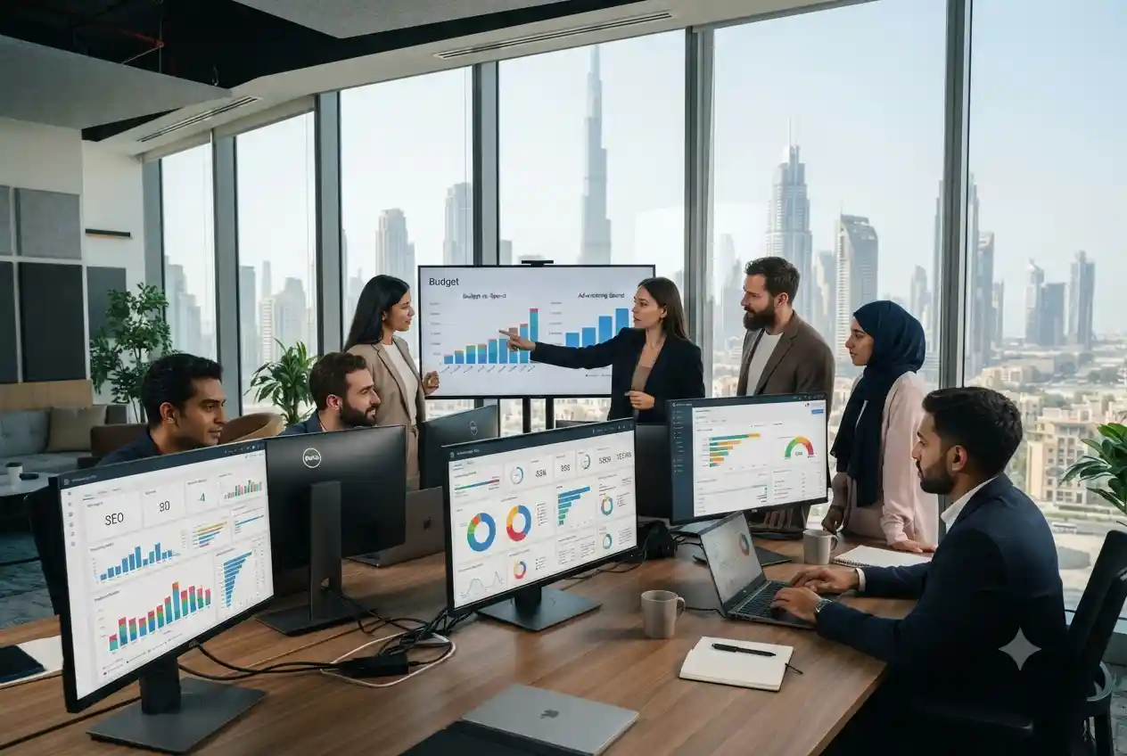Marketing professionals discussing digital marketing budgets in a Dubai office