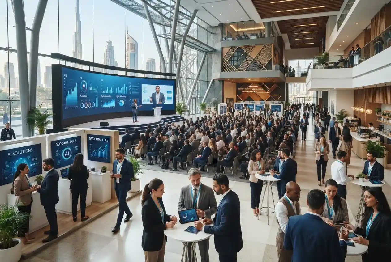 Professionals attending a digital marketing conference and networking event in Dubai