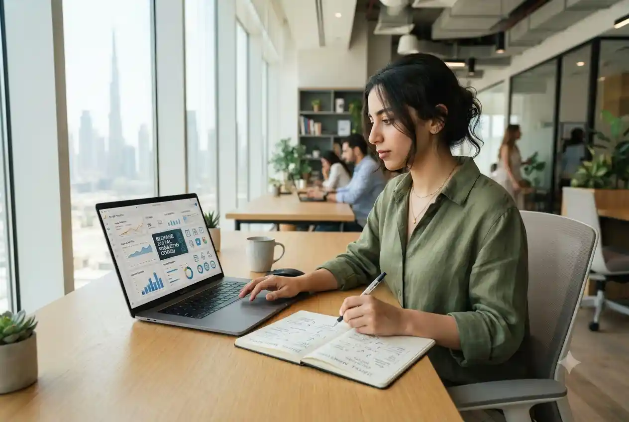 Beginner learning digital marketing fundamentals using a laptop in a modern workspace