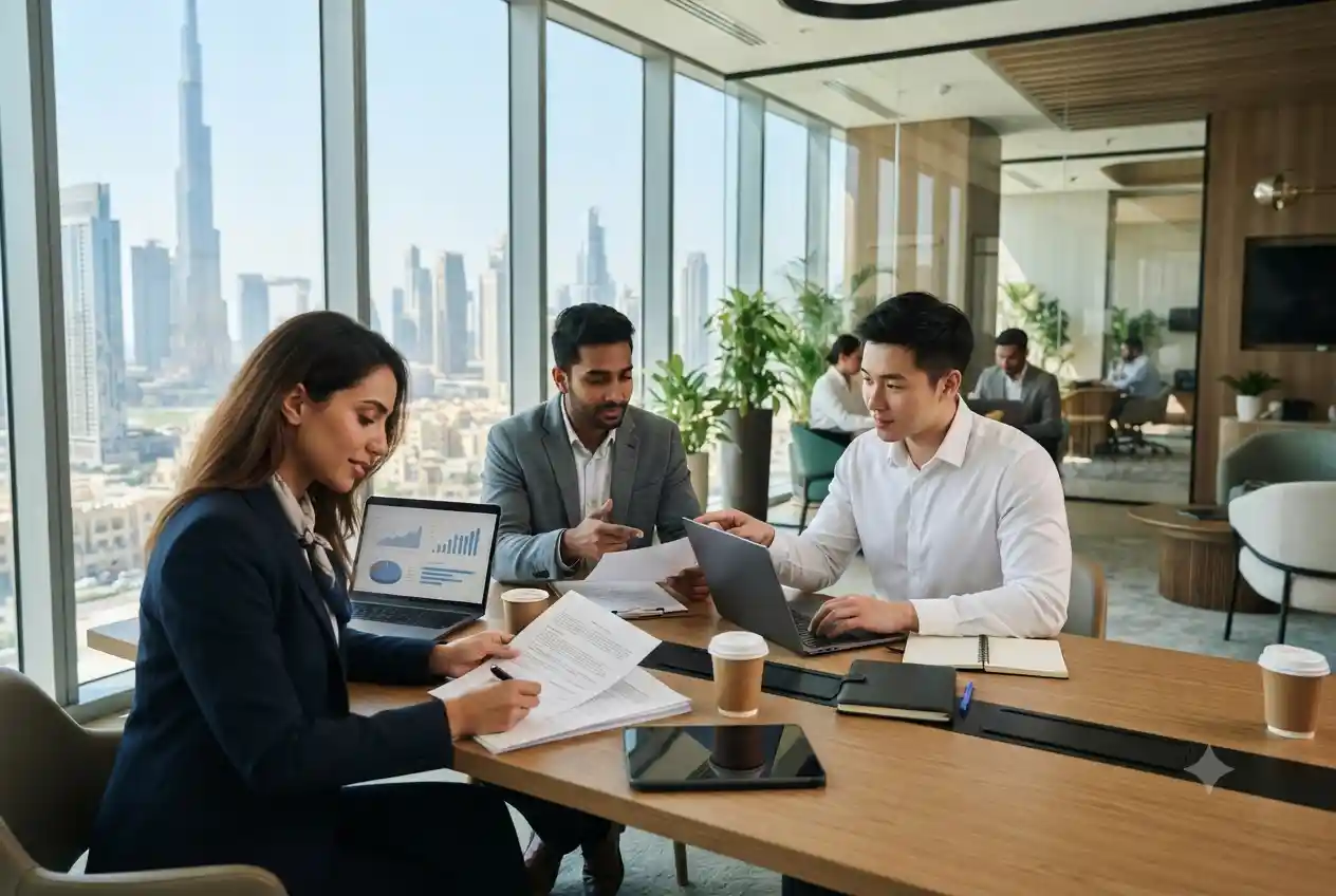 Business professionals registering a digital marketing company in Dubai
