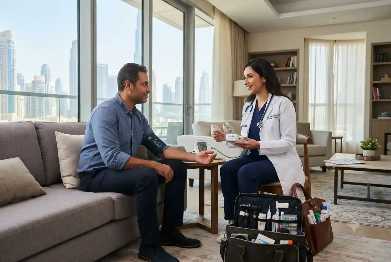 Licensed doctor providing a home medical visit in a modern Downtown Dubai residence