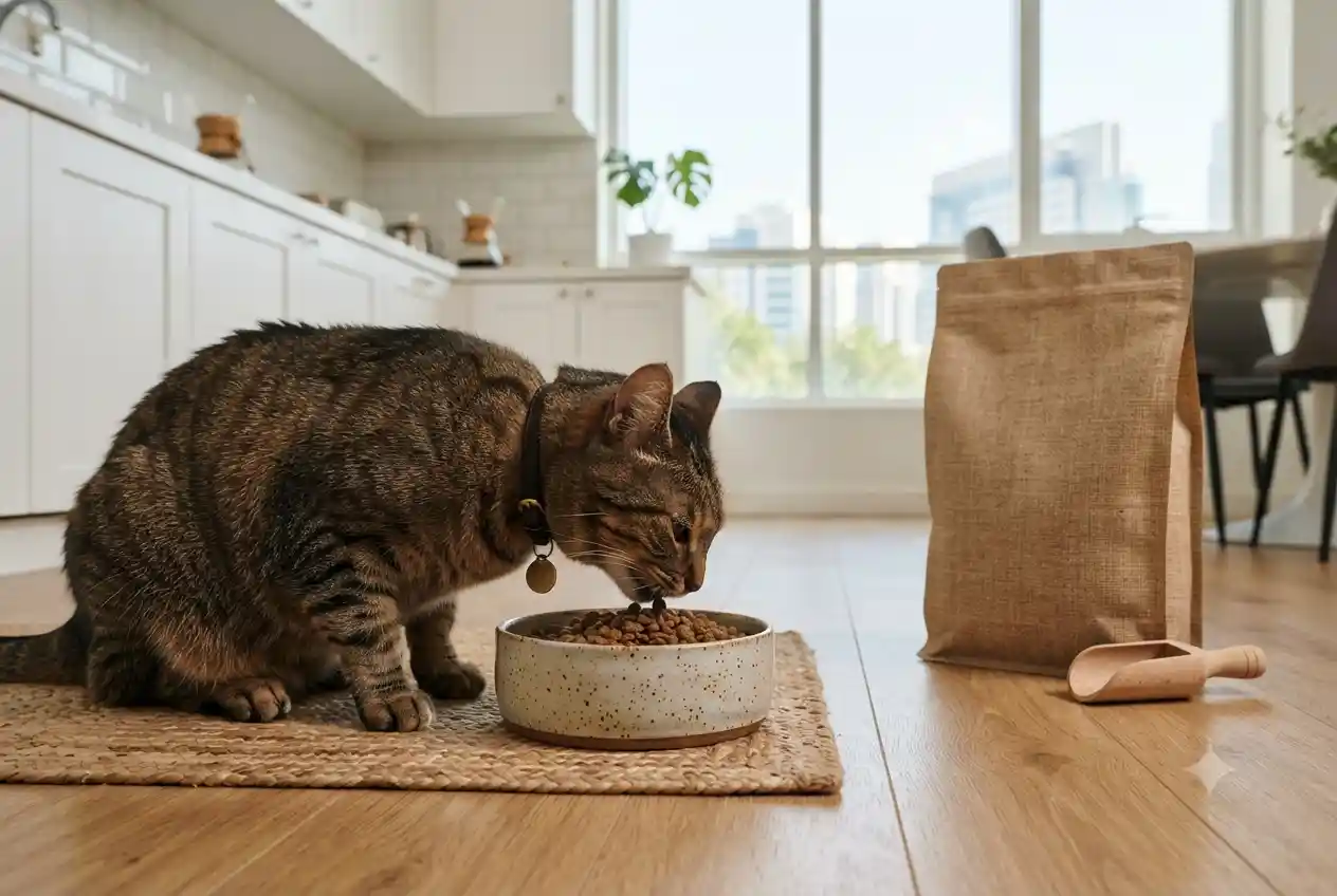 Domestic cat eating dry kibble from a bowl in a modern home.