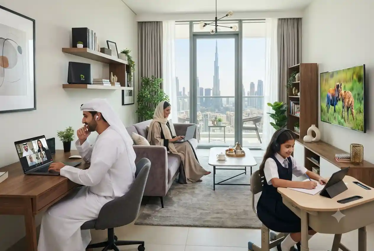 Family using high-speed home internet with a Wi-Fi router in a modern UAE home