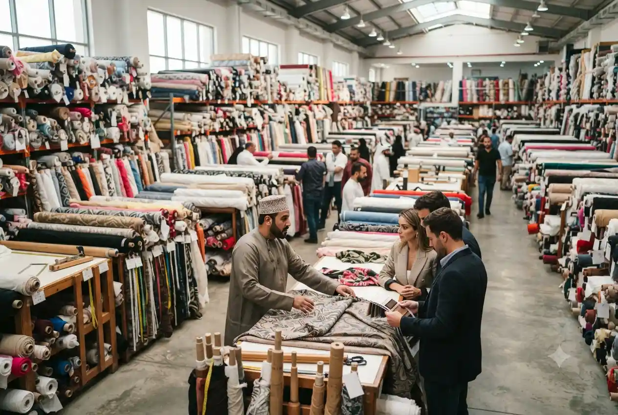 Wholesale textile market with fabric suppliers and buyers in Dubai