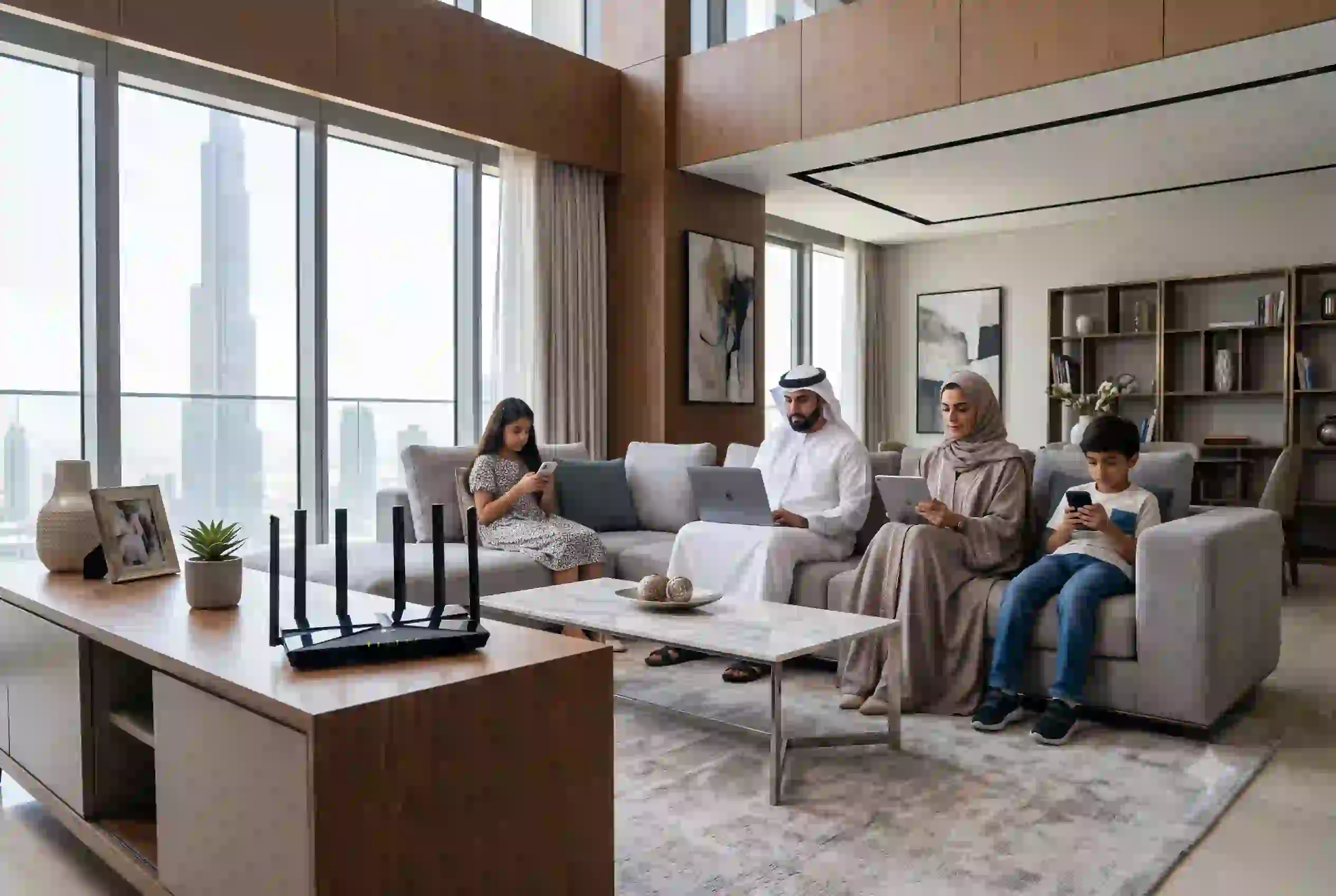 Family using Etisalat home WiFi in a modern UAE apartment