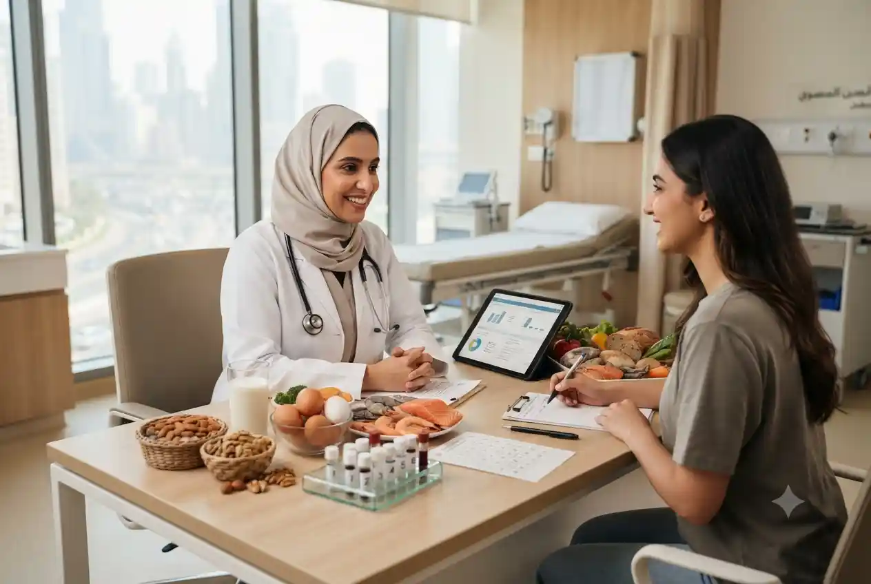Doctor discussing food allergy testing with a patient in a modern UAE healthcare clinic.