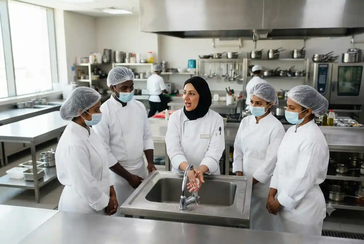 Food handlers receiving professional food safety training in a commercial kitchen.