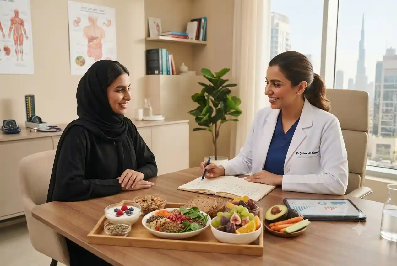 Nutritionist discussing food intolerance symptoms with a patient in a UAE healthcare clinic.