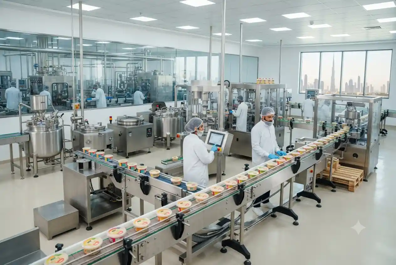 Modern food manufacturing production line inside a hygienic UAE factory.