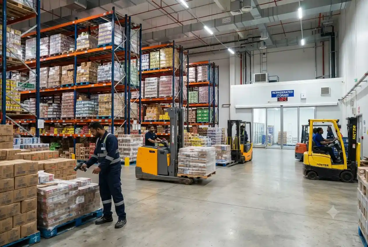 Modern food distribution warehouse operated by a food trading company in Dubai.