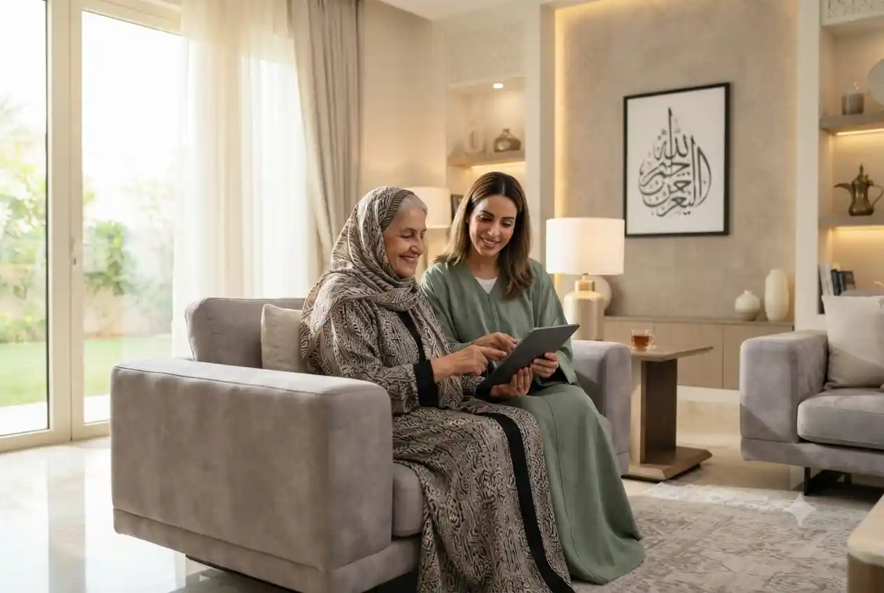 Family helping an elderly person live safely and comfortably at home in the UAE.