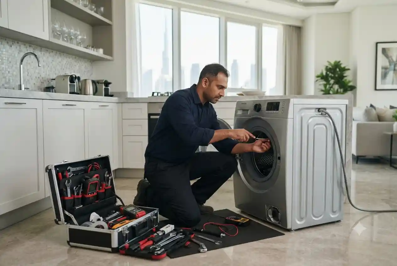 Professional technician repairing a household appliance in a modern UAE home.