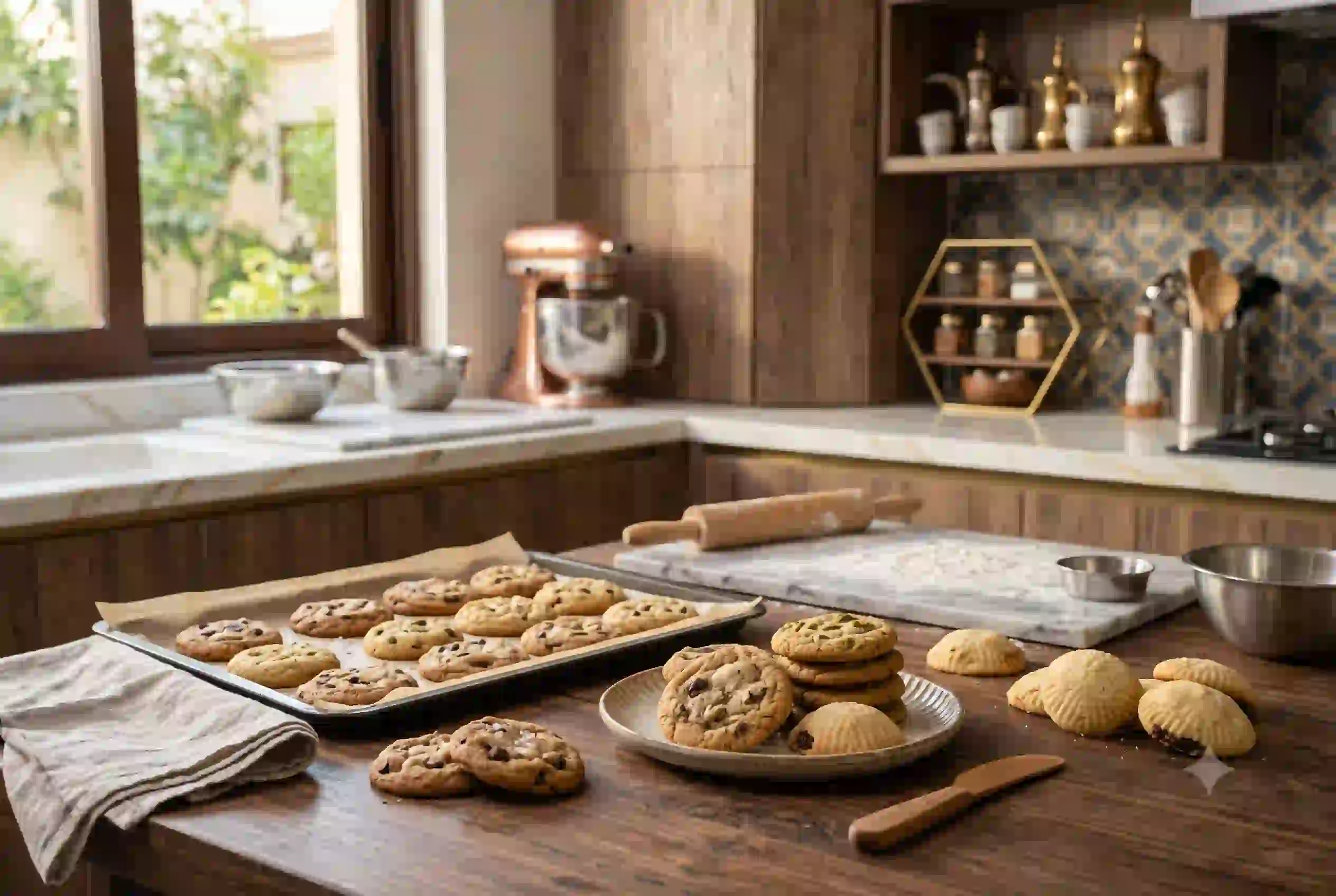Assorted homemade cookies on a kitchen table in UAE