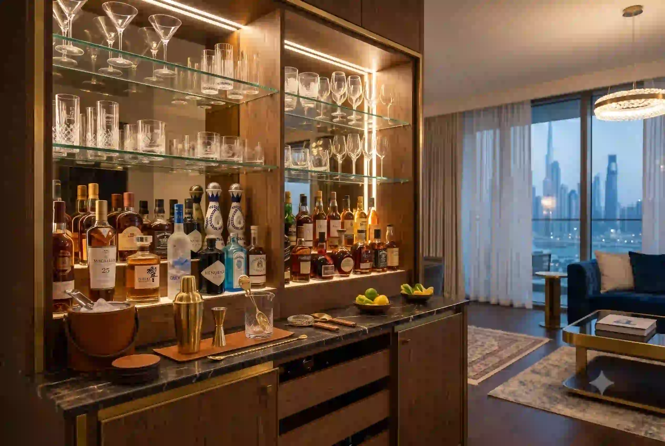 Stylish home bar cabinet with glassware and lighting in UAE home