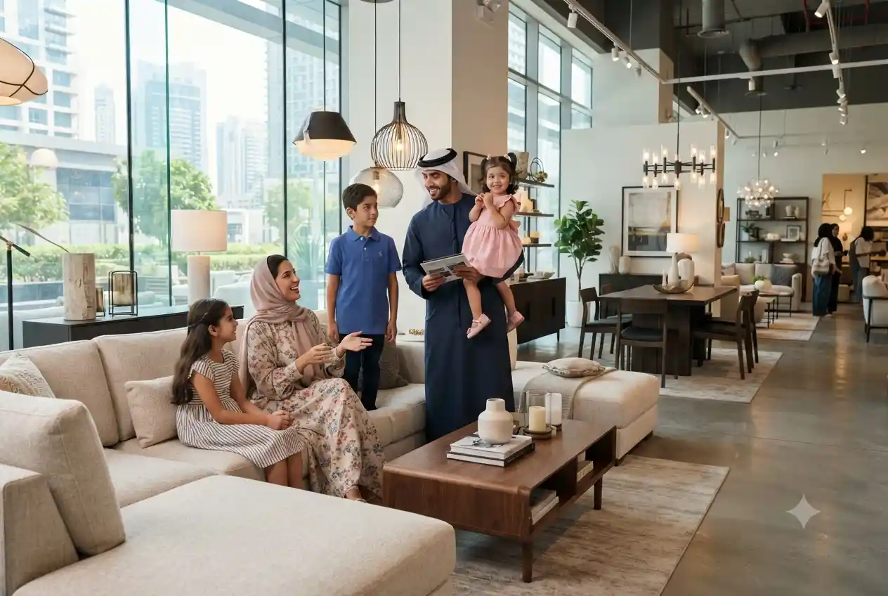 Customers browsing furniture and home décor in a modern UAE home furnishing showroom.