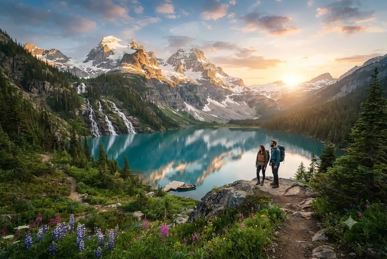 Scenic panoramic landscape representing the most beautiful place on earth with mountains and crystal-clear lake