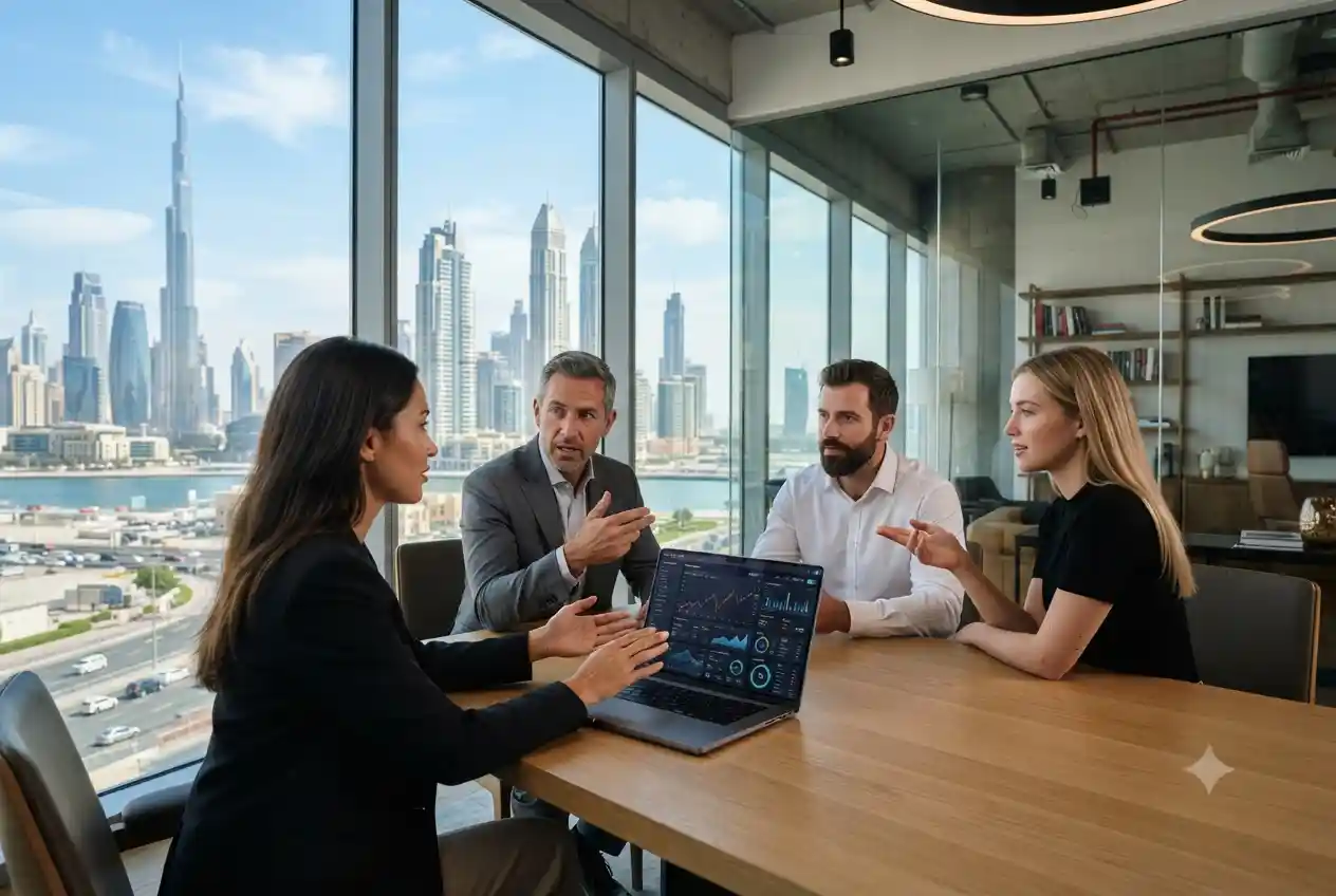 Entrepreneurs discussing profitable business opportunities in Dubai