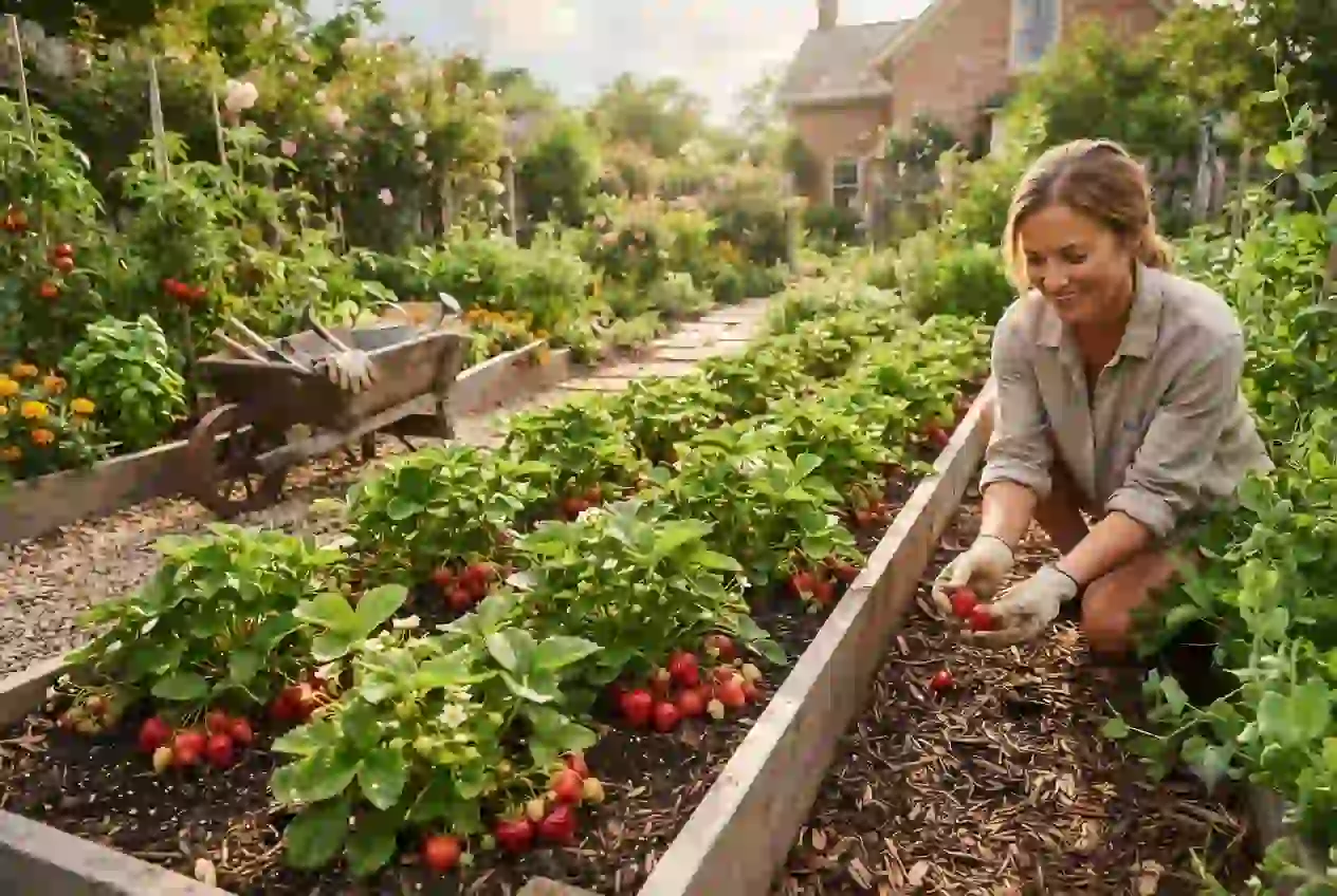 Ripe Ozark Beauty strawberries growing on healthy garden plants