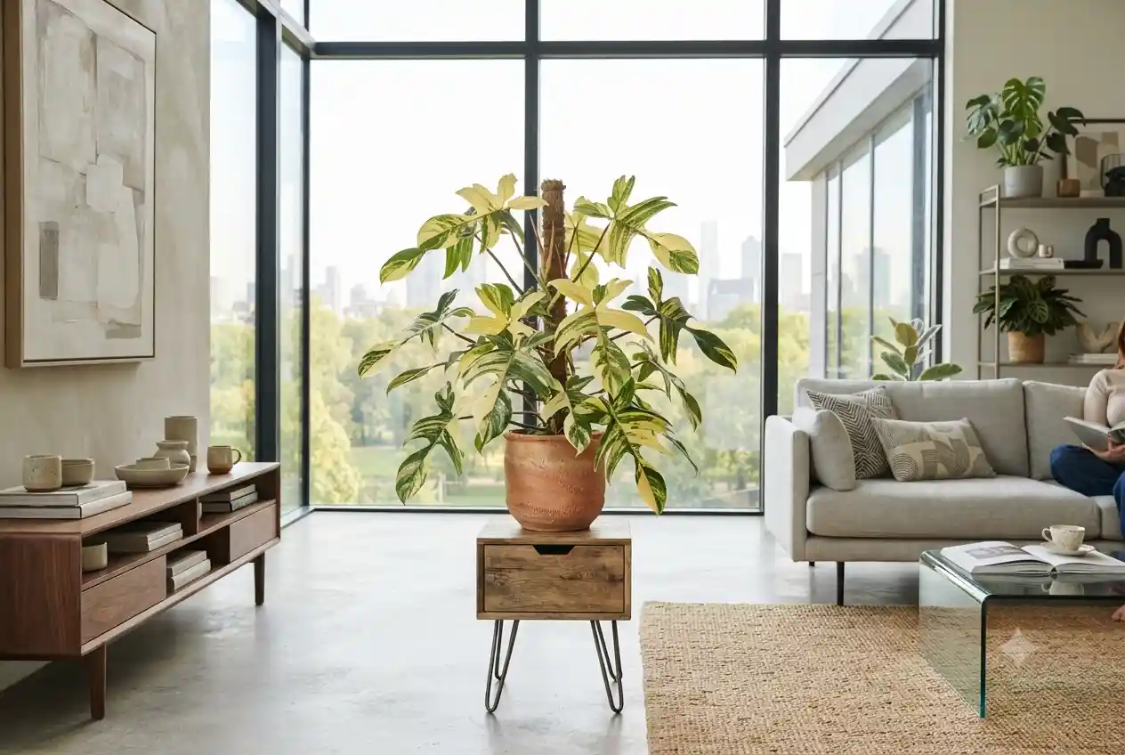 Healthy Philodendron Florida Beauty with variegated leaves growing indoors